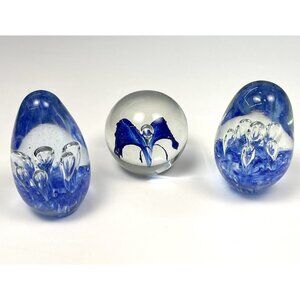 VTG Lot 3 MCM 3.5" Cobalt Hand Blown Egg-Shaped Controlled Bubble PAPERWEIGHTS